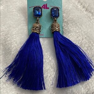 Gold and Blue Tassel Earrings with Gemstone Accent